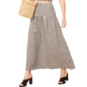 Reformation Kitty Linen Midi Maxi Skirt Gingham Check Print White Black Small